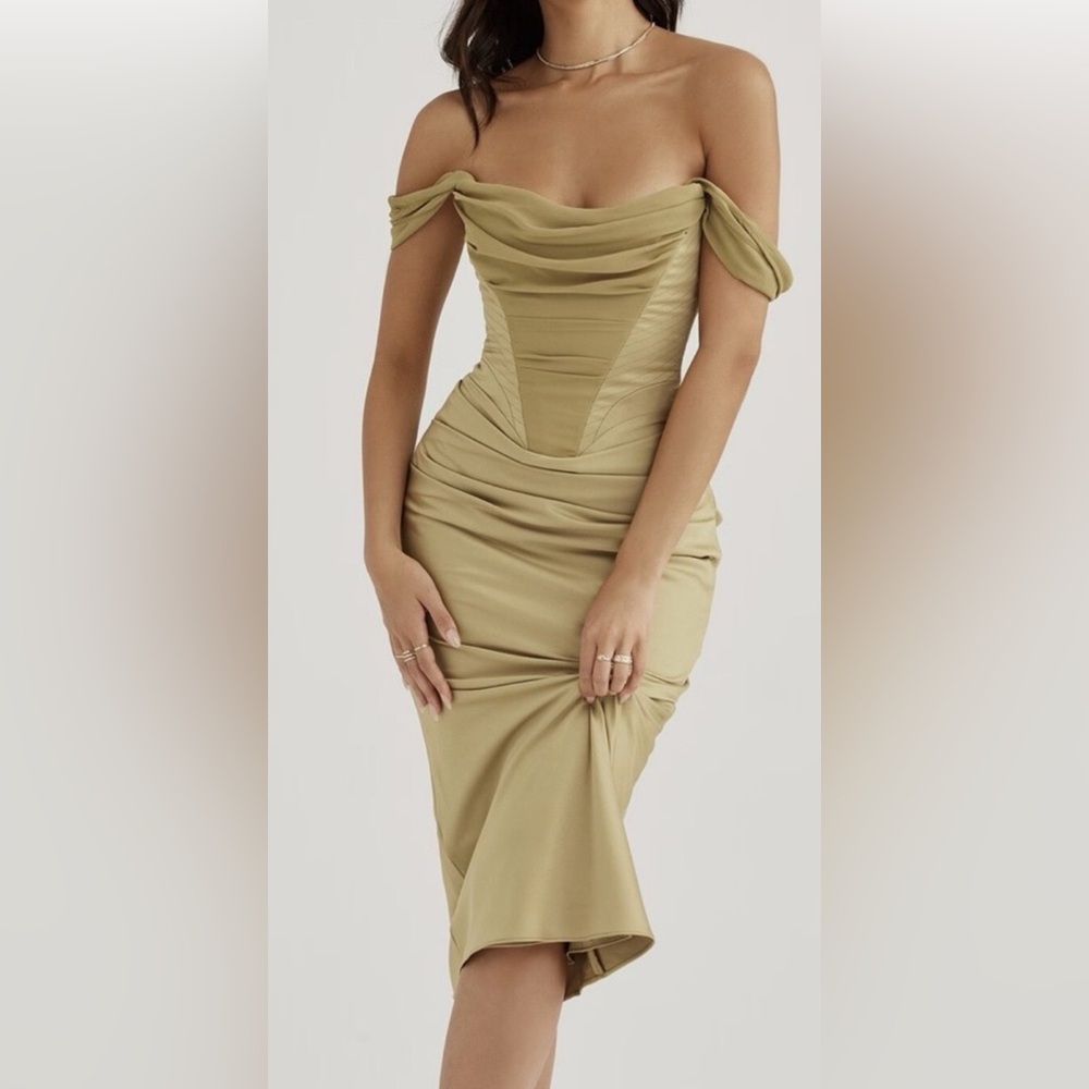 House of CB One-Shoulder Ruched Corset Dress in Olive Green